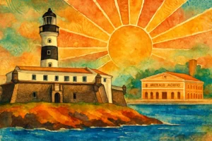 Imagem de Salvador com Farol da Barra em destaque, raios de sol dourados, textura de tecidos africanos e cores vibrantes.