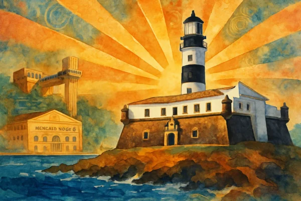 Imagem de Salvador destacando o Farol da Barra e Mercado Modelo em cores vibrantes e estilo aquarela