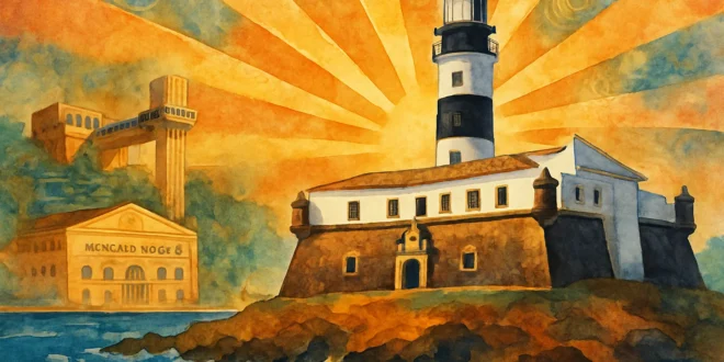 Imagem de Salvador destacando o Farol da Barra e Mercado Modelo em cores vibrantes e estilo aquarela