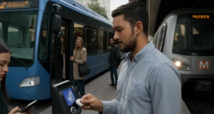 Sistema de transporte público moderno com ônibus e metrô, passageiros usando smartphones na cidade, promovendo tarifa zero transporte público