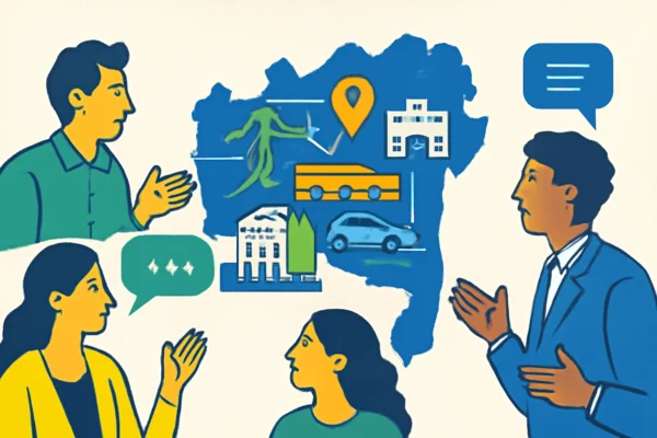 Mapa da Bahia destacando infraestrutura, saúde e mobilidade com debate político sobre Alba libera quase R