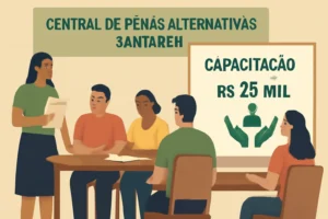 Imagem horizontal 16:9 representando a Central de Penas Alternativas de Santarém em ação, promovendo projetos sociais com financiamento e oficina de capacitação.