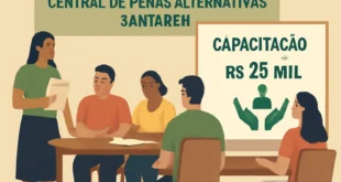 Imagem horizontal 16:9 representando a Central de Penas Alternativas de Santarém em ação, promovendo projetos sociais com financiamento e oficina de capacitação.
