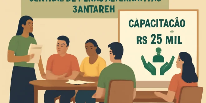 Imagem horizontal 16:9 representando a Central de Penas Alternativas de Santarém em ação, promovendo projetos sociais com financiamento e oficina de capacitação.