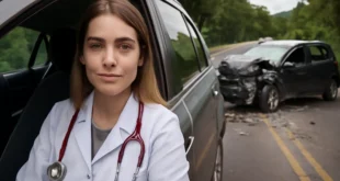 Imagem horizontal de capa com Júlia Picinini, médica recém, representada de forma simbólica na cena de colisão na BR-282 em SC