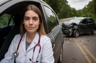 Imagem horizontal de capa com Júlia Picinini, médica recém, representada de forma simbólica na cena de colisão na BR-282 em SC