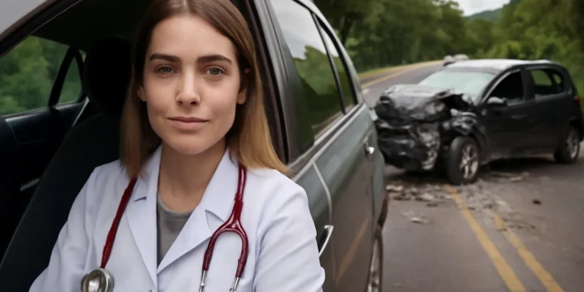 Imagem horizontal de capa com Júlia Picinini, médica recém, representada de forma simbólica na cena de colisão na BR-282 em SC