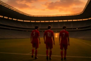 Renderização de estádio vazio com jogadores caminhando rumo ao túnel após rescisão do Grêmio