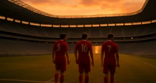 Renderização de estádio vazio com jogadores caminhando rumo ao túnel após rescisão do Grêmio