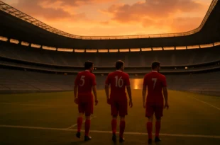 Renderização de estádio vazio com jogadores caminhando rumo ao túnel após rescisão do Grêmio