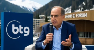 Imagem de capa representando BTG em Davos com Esteves destacando que Brasil é 'Disneylândia' das fintechs, pedindo regulação mais forte.