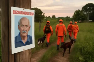 Capa horizontal 16:9 mostrando bombeiros com cães buscando aposentado desaparecido ao sair para comprar refrigerante na zona rural de Rio Branco.
