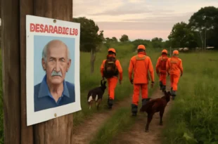 Capa horizontal 16:9 mostrando bombeiros com cães buscando aposentado desaparecido ao sair para comprar refrigerante na zona rural de Rio Branco.