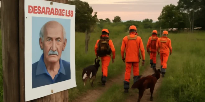 Capa horizontal 16:9 mostrando bombeiros com cães buscando aposentado desaparecido ao sair para comprar refrigerante na zona rural de Rio Branco.