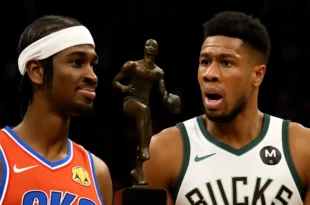 Imagem de capa representando a eleição de Shai para MVP deixando Antetokounmpo chocado , com fãs revoltados na NBA