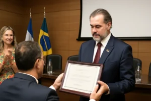 Imagem representando o ministro Toffoli homenageado em cidade, com resort e avião da FAB, revelando fatos explosivos.