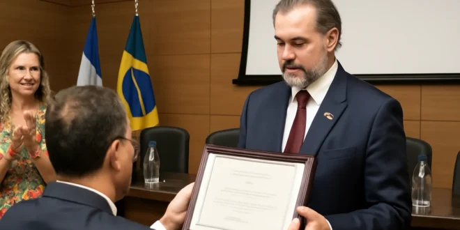 Imagem representando o ministro Toffoli homenageado em cidade, com resort e avião da FAB, revelando fatos explosivos.