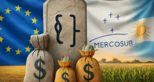 Imagem demonstrando o acuerdo ue mercosur fica em sostenes jurídicos, com elementos visuais do agronegócio argentino.