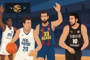 Imagem representando a Euroliga com destaque para Real Madrid, Barcelona e Virtus Bologna em disputa