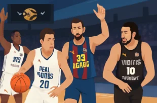 Imagem representando a Euroliga com destaque para Real Madrid, Barcelona e Virtus Bologna em disputa