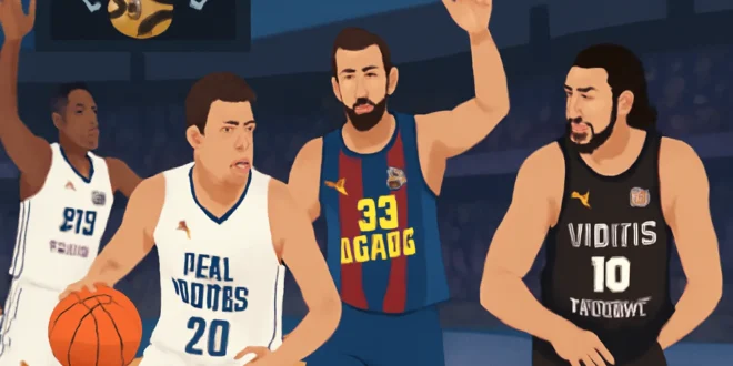 Imagem representando a Euroliga com destaque para Real Madrid, Barcelona e Virtus Bologna em disputa