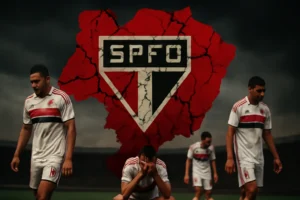 Imagem horizontal 16:9 ilustrando a crise no São Paulo Futebol Clube e seus efeitos no campo