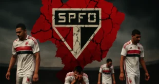 Imagem horizontal 16:9 ilustrando a crise no São Paulo Futebol Clube e seus efeitos no campo