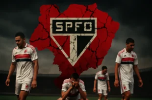 Imagem horizontal 16:9 ilustrando a crise no São Paulo Futebol Clube e seus efeitos no campo