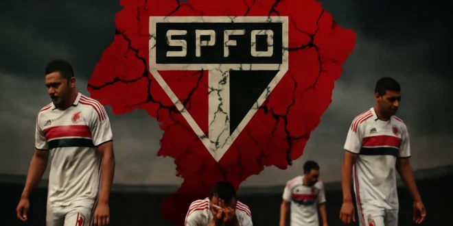 Imagem horizontal 16:9 ilustrando a crise no São Paulo Futebol Clube e seus efeitos no campo