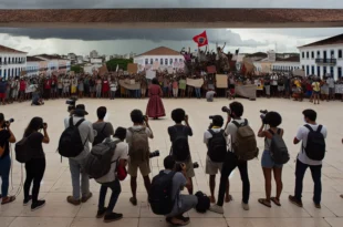 Cena de uma praça no Piauí com mulheres negras, indígenas e quilombolas protestando com faixas, sob céu nublado