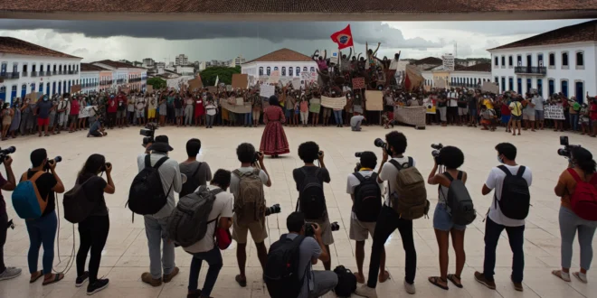 Cena de uma praça no Piauí com mulheres negras, indígenas e quilombolas protestando com faixas, sob céu nublado