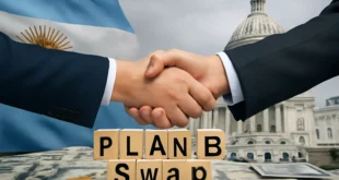 Imagem horizontal representando Argentina apostando no swap com EUA para pagar dívidas e evitar caos financeiro, palavra-chave argentina aposta swap eua.