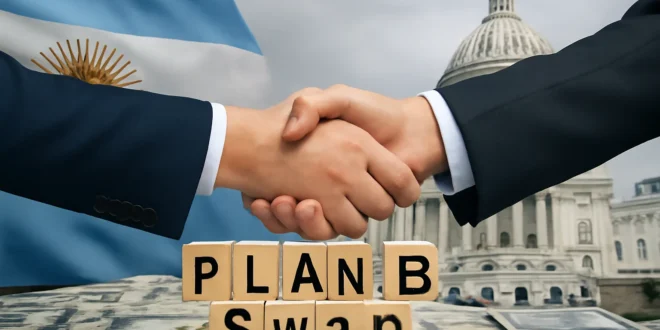 Imagem horizontal representando Argentina apostando no swap com EUA para pagar dívidas e evitar caos financeiro, palavra-chave argentina aposta swap eua.