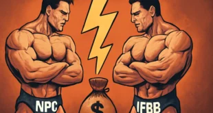 Imagem horizontal representando a disputa entre federações do fisiculturismo: NPC e IFBB na luta por dinheiro e prestígio