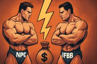 Imagem horizontal representando a disputa entre federações do fisiculturismo: NPC e IFBB na luta por dinheiro e prestígio