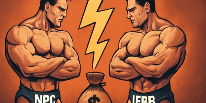 Imagem horizontal representando a disputa entre federações do fisiculturismo: NPC e IFBB na luta por dinheiro e prestígio