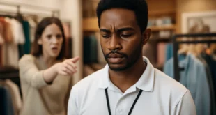 Imagem de capa horizontal 16:9 representando funcionário vítima de ofensas racistas em loja de SC com expressão de força e determinação