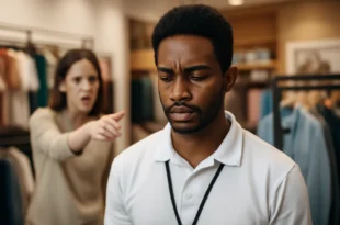 Imagem de capa horizontal 16:9 representando funcionário vítima de ofensas racistas em loja de SC com expressão de força e determinação