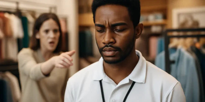 Imagem de capa horizontal 16:9 representando funcionário vítima de ofensas racistas em loja de SC com expressão de força e determinação