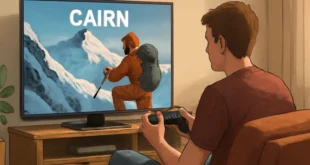 Imagem representando a aventura de escalar uma montanha de 9.000 metros usando o videogame Cairn, em um cenário horizontal 16:9