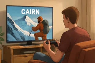 Imagem representando a aventura de escalar uma montanha de 9.000 metros usando o videogame Cairn, em um cenário horizontal 16:9