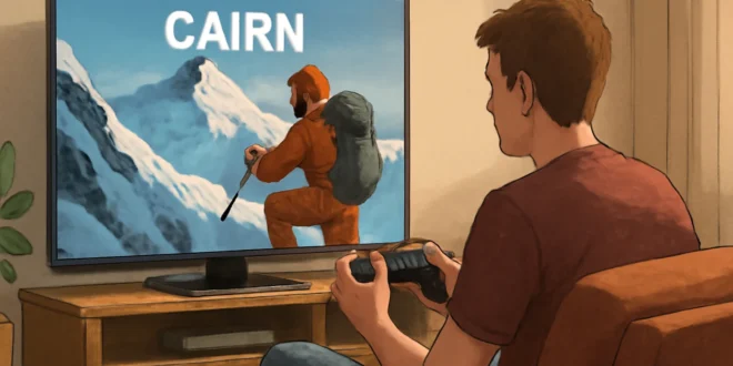 Imagem representando a aventura de escalar uma montanha de 9.000 metros usando o videogame Cairn, em um cenário horizontal 16:9