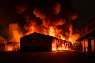 Imagem horizontal representando incêndio destrói depósito de supermercado e galpões no ES e BH, sem vítimas