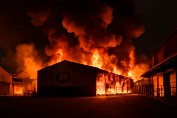 Imagem horizontal representando incêndio destrói depósito de supermercado e galpões no ES e BH, sem vítimas