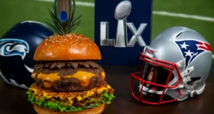 Imagem de capa horizontal 16:9 mostrando o super bowl lx hambúrguer com temática de Seahawks e Patriots