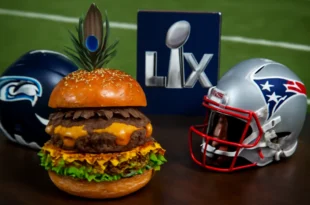 Imagem de capa horizontal 16:9 mostrando o super bowl lx hambúrguer com temática de Seahawks e Patriots