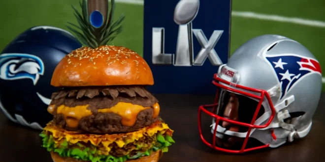 Imagem de capa horizontal 16:9 mostrando o super bowl lx hambúrguer com temática de Seahawks e Patriots