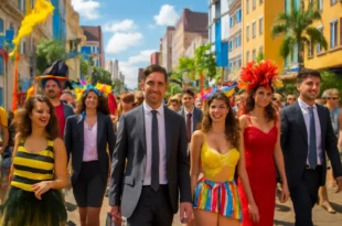 Imagem de Carnaval com fantasia colorida e pessoas vestidas formalmente na avenida movimentada
