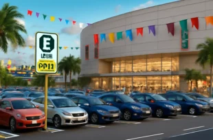 Imagem representando shopping em Salvador que vai liberar estacionamento 24 horas por R$45 durante o Carnaval, com destaque para festa e veículos.
