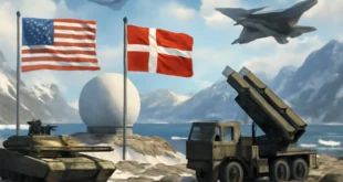 Imagem representando os EUA e Dinamarca blindando a Groenlândia, instalando radar e reforçando defesa contra China e Rússia, destacando 'eua dinamarca vão blindar'.